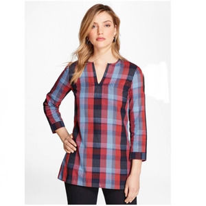 Brooks Brothers Tunic Blouse Top Plaid Red 100% Cotton Long Sleeve V-Neck Sz 6